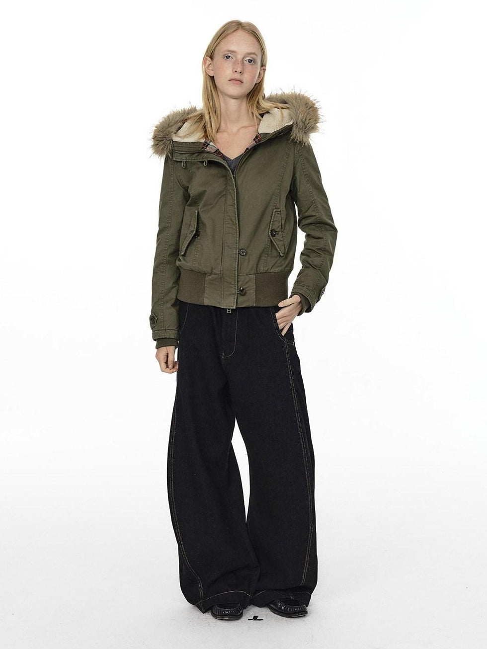 Country Moment Mid Rise Contrast Stitching Loose Fit Unisex Cotton Blend Black Wide Leg Jeans