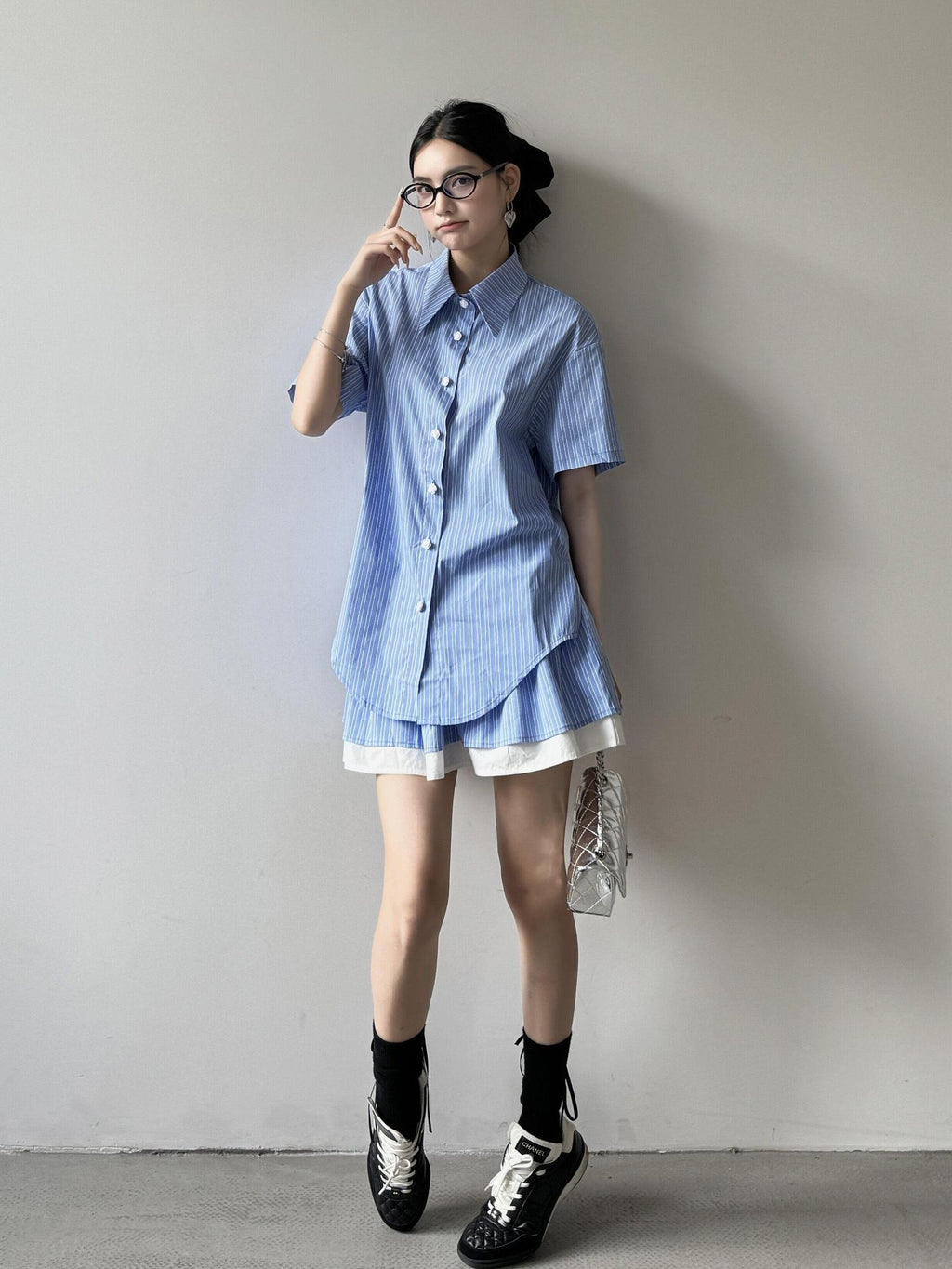 DDGIRL studio Breathable Relaxed Polo Short Sleeve Women Striped Blue Top & Skirt Sets