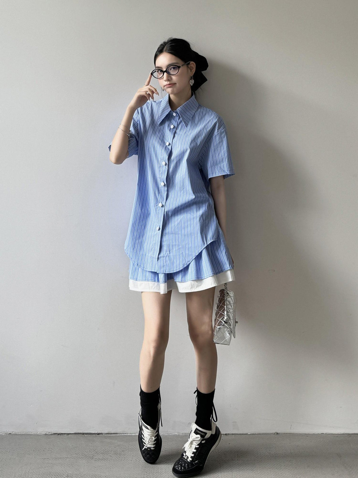 DDGIRL studio Breathable Relaxed Polo Short Sleeve Women Striped Blue Top & Skirt Sets