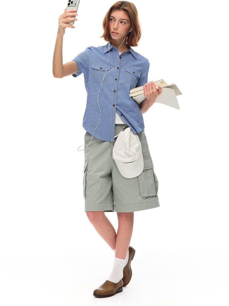 Country Moment Vintage Washed Relaxed Mid Rise Pockets Casual Pure Cotton Mid-Length Shorts