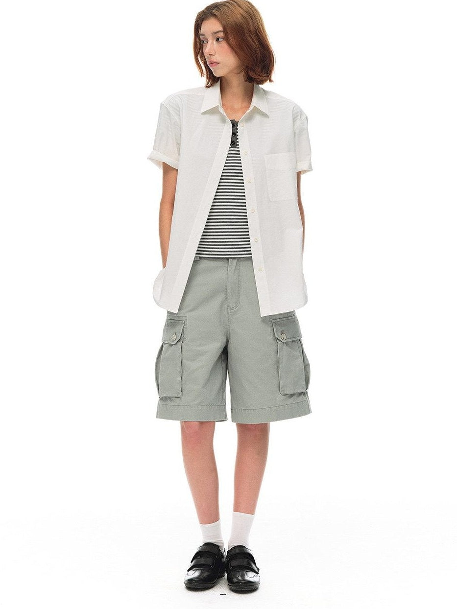 Country Moment Vintage Washed Relaxed Mid Rise Pockets Casual Pure Cotton Mid-Length Shorts