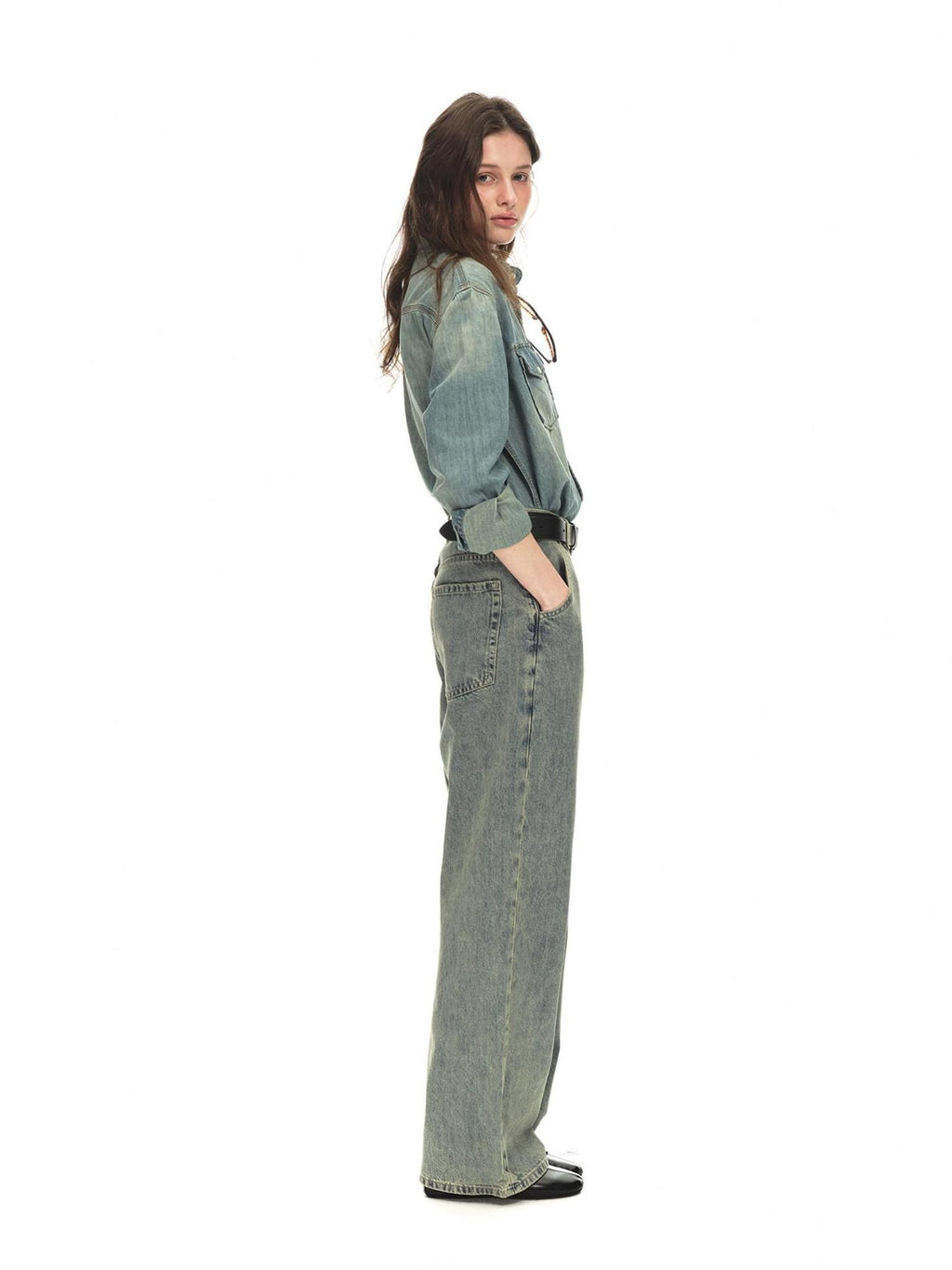 Country Moment Distressed Mid Rise Relaxed Unisex Breathable Cotton Grey Blue Wide Leg Jeans