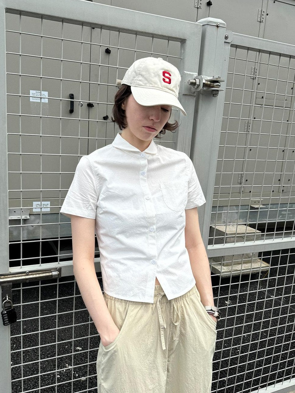 Country Moment Pure Cotton Slim Fit Cropped Doll Collar Women Short Sleeve Button Shirts