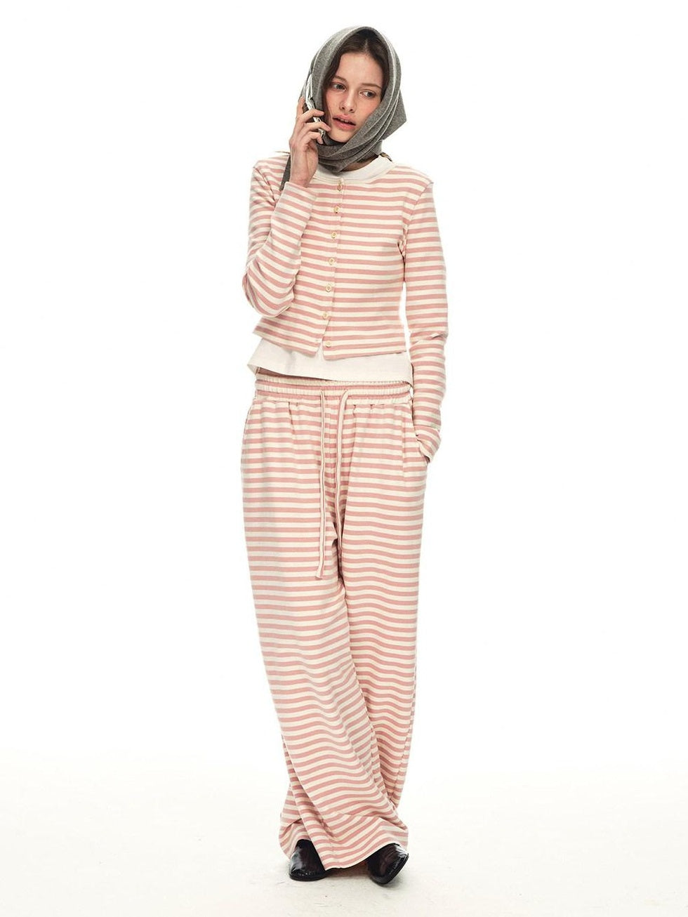 Country Moment Breathable Cotton Slim Fit Piped Pink Striped Casual Top & Pants Sets