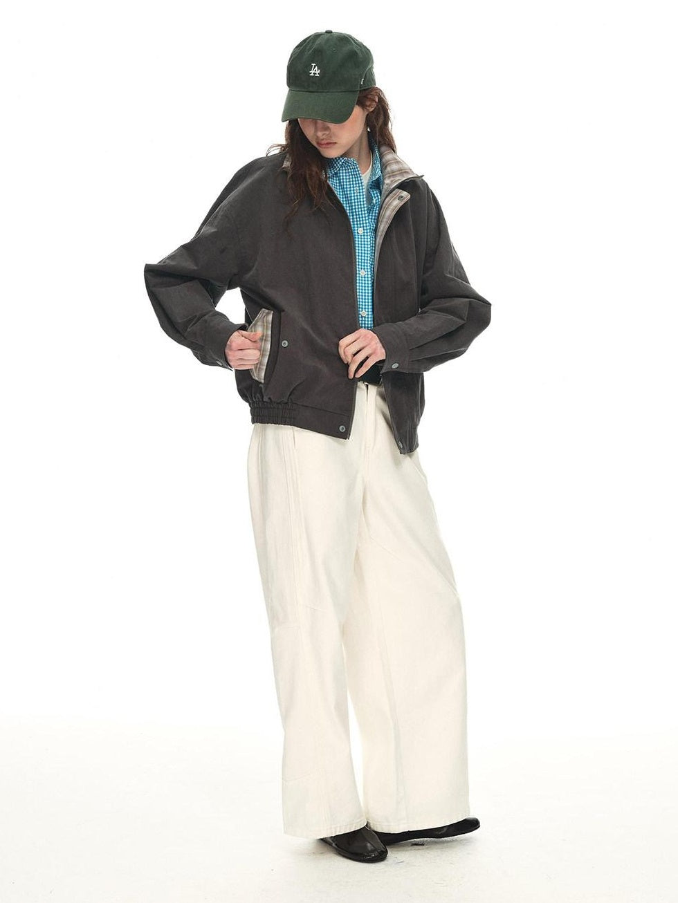 Country Moment Contrast Patchwork Relaxed Check Zip Long Sleeve Womens Cropped Jackets