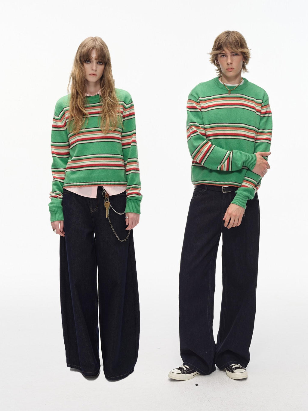 Country Moment Warm Wool Blend Colorful Striped Crew Neck Short Regular Fit Unisex Sweaters