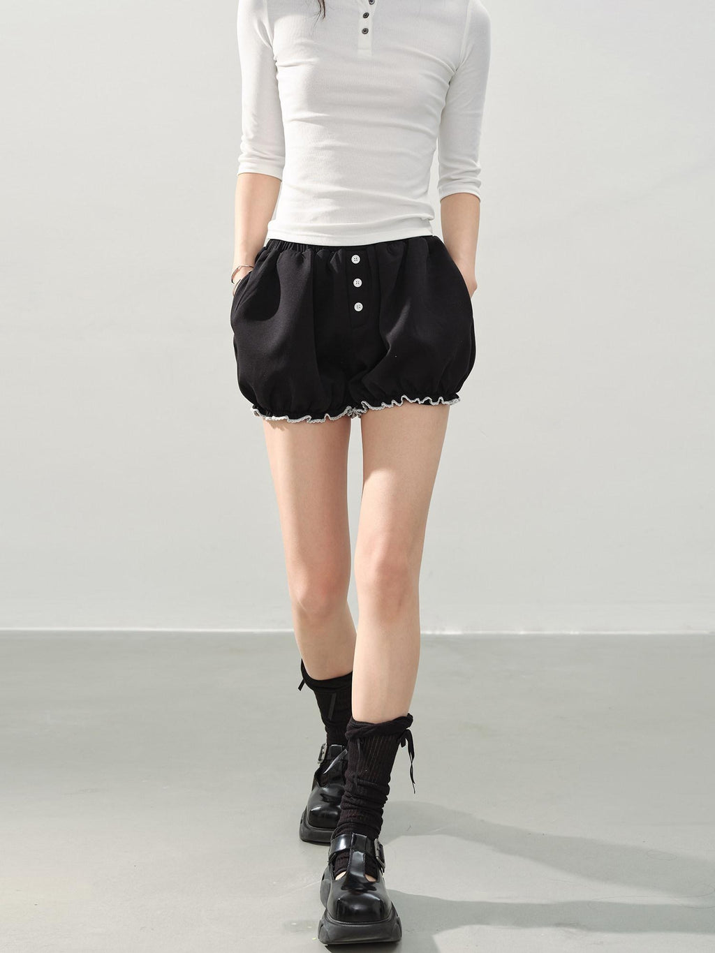DDGIRL studio High Waist Black Casual Lantern Silhouette Teen Stretch Polyester Modal Shorts