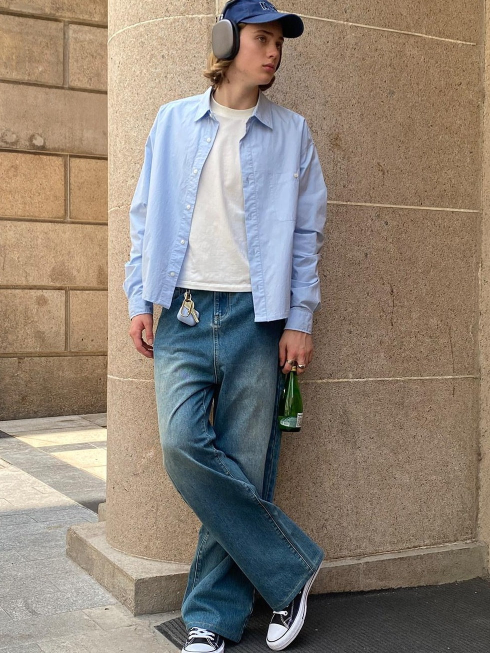 Country Moment Breathable Cotton Retro Washed Mid Rise Relaxed Mens Deep Blue Wide Leg Jeans