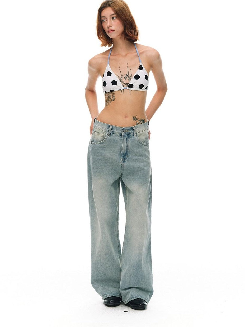 Country Moment Washed Distressed Embroidered Mid Rise Loose Retro Light Blue Wide Leg Jeans
