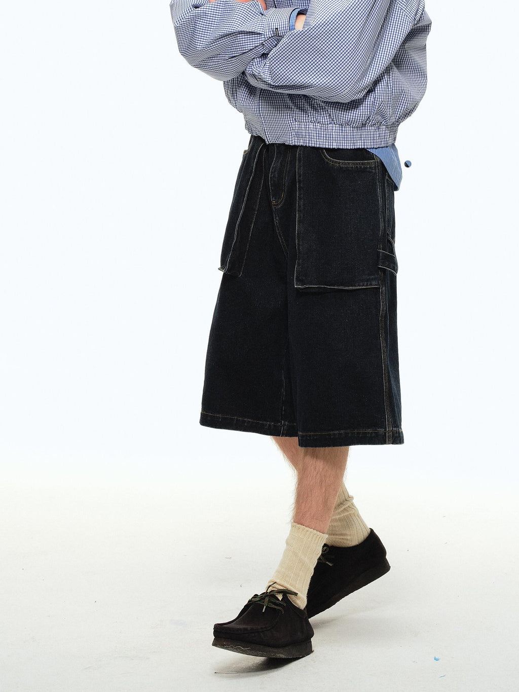Country Moment Shape Retention Mid Rise Loose Straight Blue Denim Teen Cotton Mid-Length Shorts