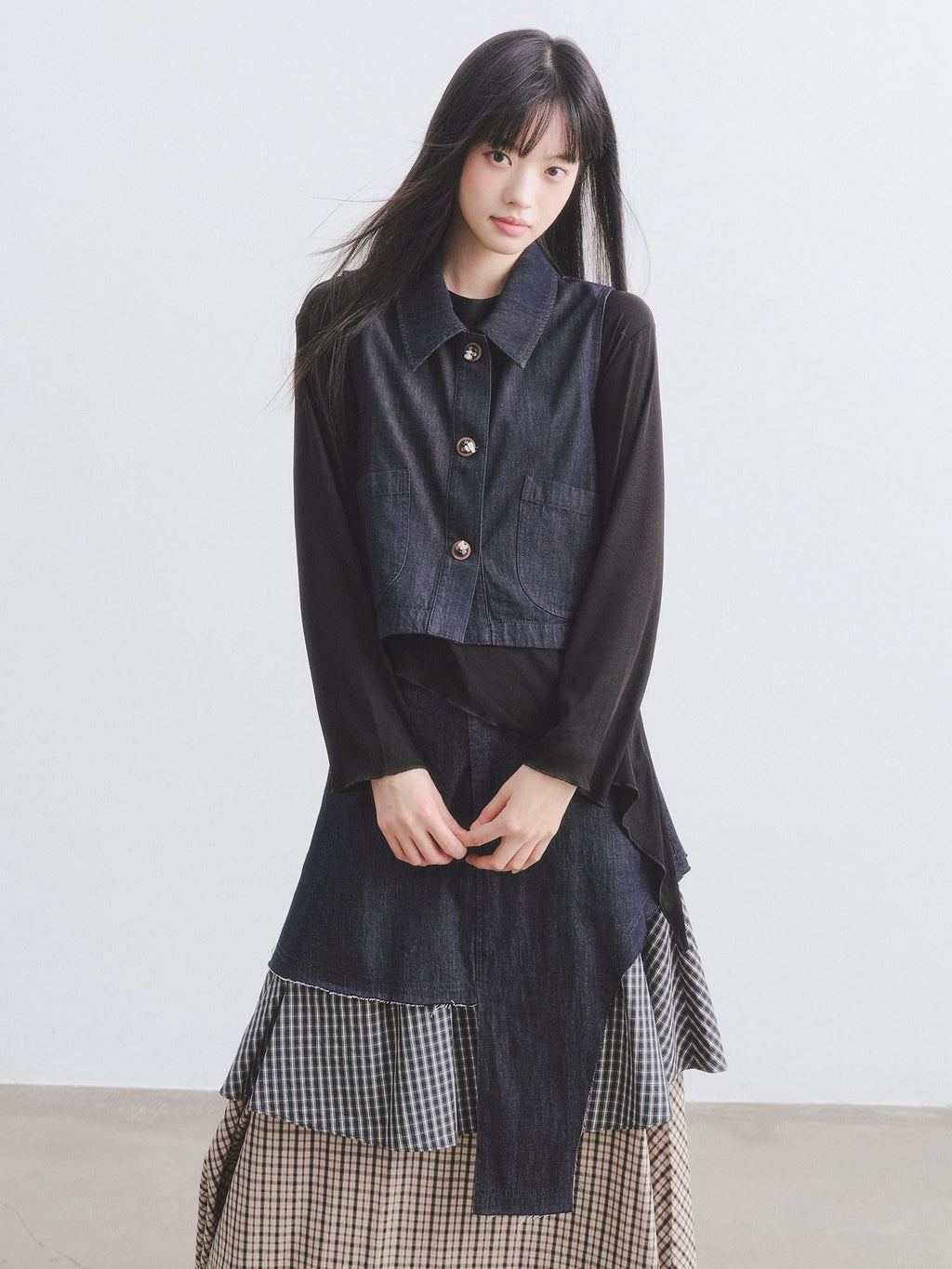 DDGIRL studio Asymmetric Plaid Leather Lapel Vest High Waist Skirt Women Top & Skirt Sets