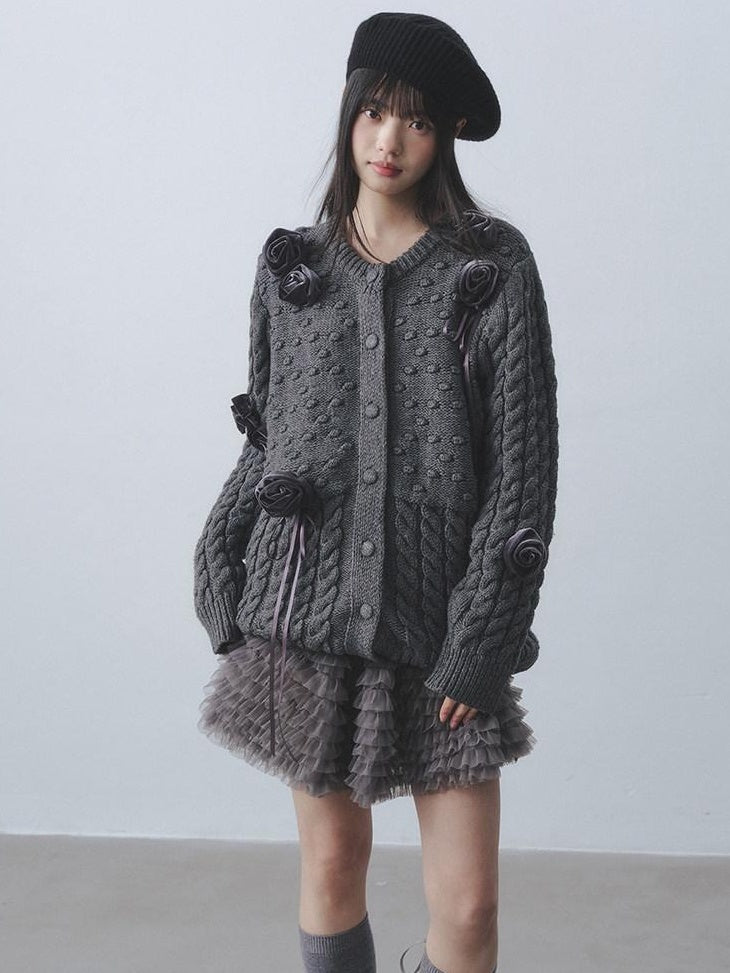 DDGIRL studio Soft Warm Silk Feel Relaxed 3D Embellished Women Office Knit Cardigans