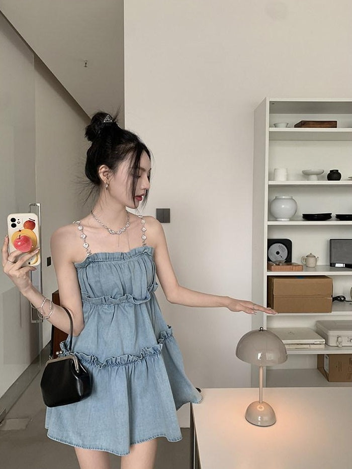 DDGIRL studio High Waist Washed Denim Ruffle Trim A Line Camisole Casual Mini Dresses