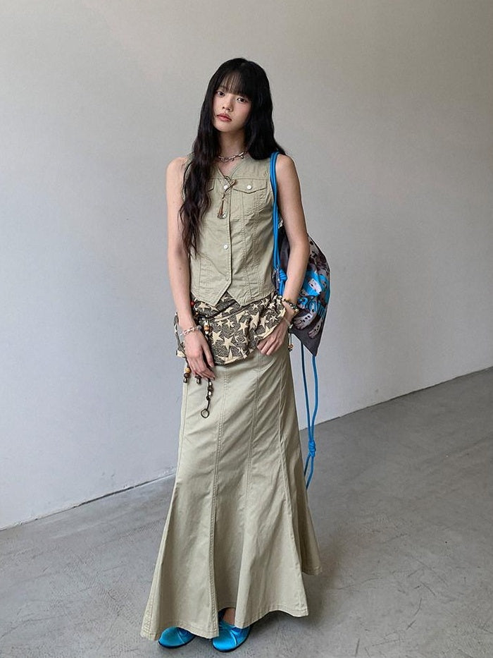 DDGIRL studio High Waist Cotton Fishtail Slim Casual Khaki Women Outdoor Maxi Skirts