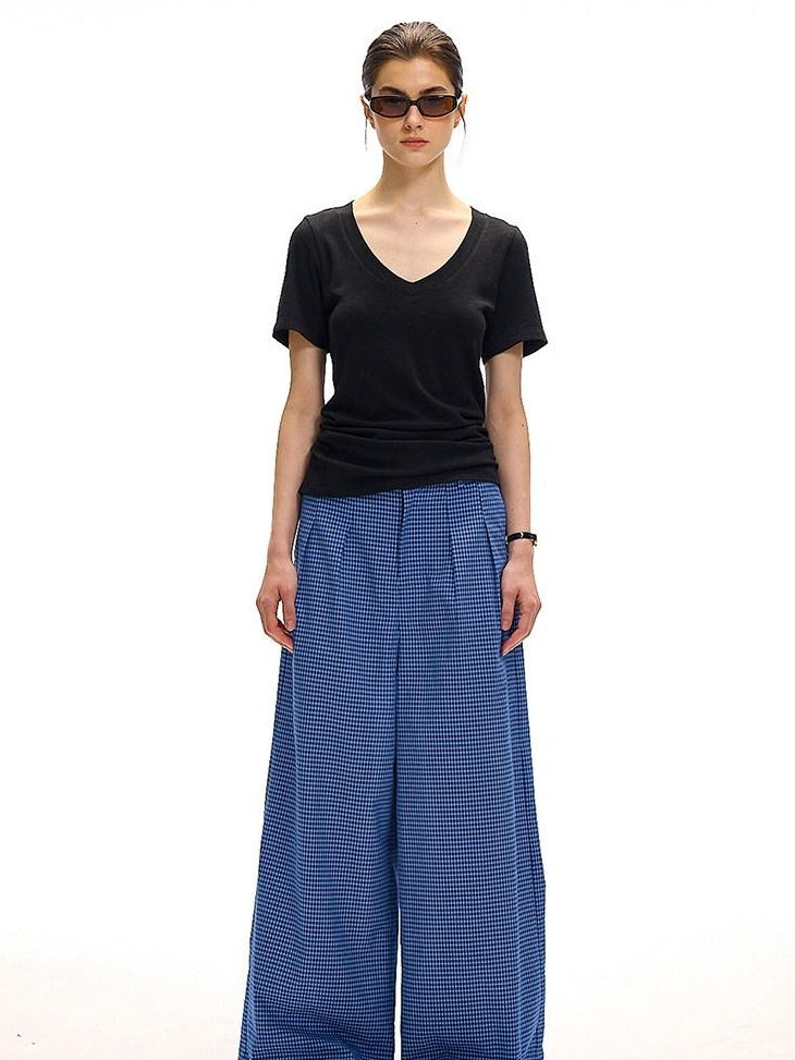 Country Moment 100 Percent Cotton Vintage Natural Waist Pockets Gem Blue Plaid Wide Leg Pants