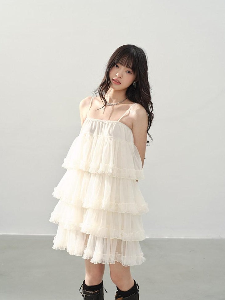 DDGIRL studio Breathable Soft Sweet Princess A Line Tiered Camisole Cream Mini Dresses