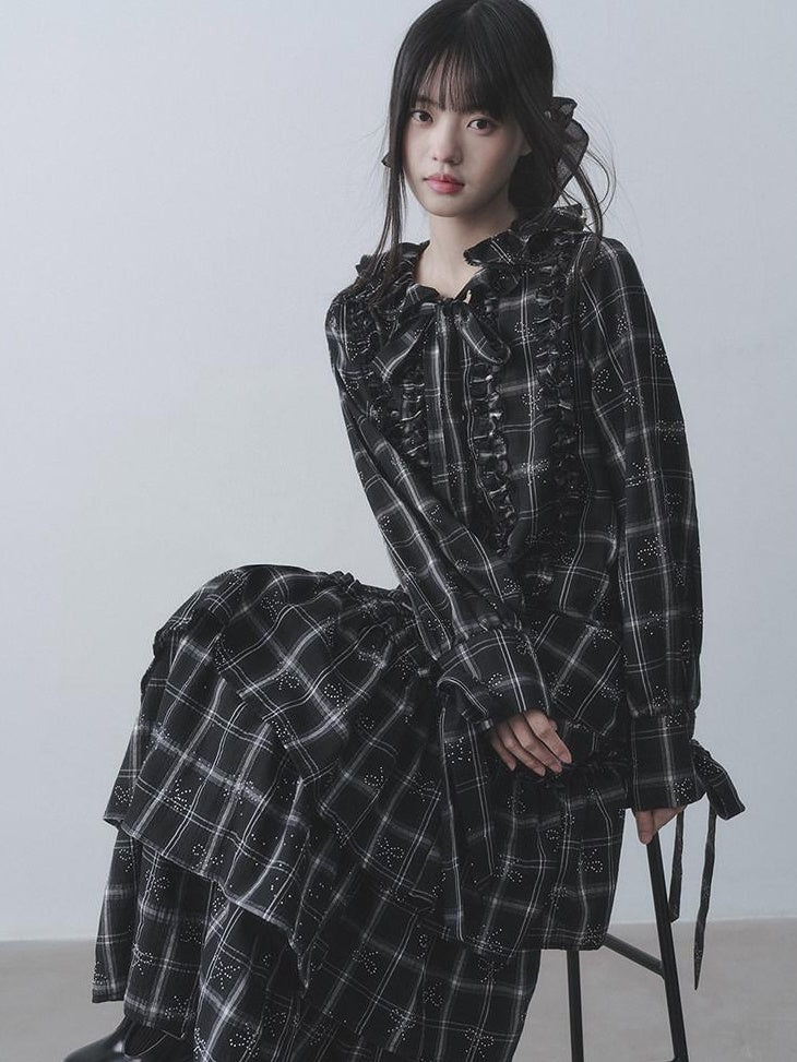 DDGIRL studio Wrinkle Free Black Plaid Collared Bow High Waist Loose Women Office Top & Skirt Sets