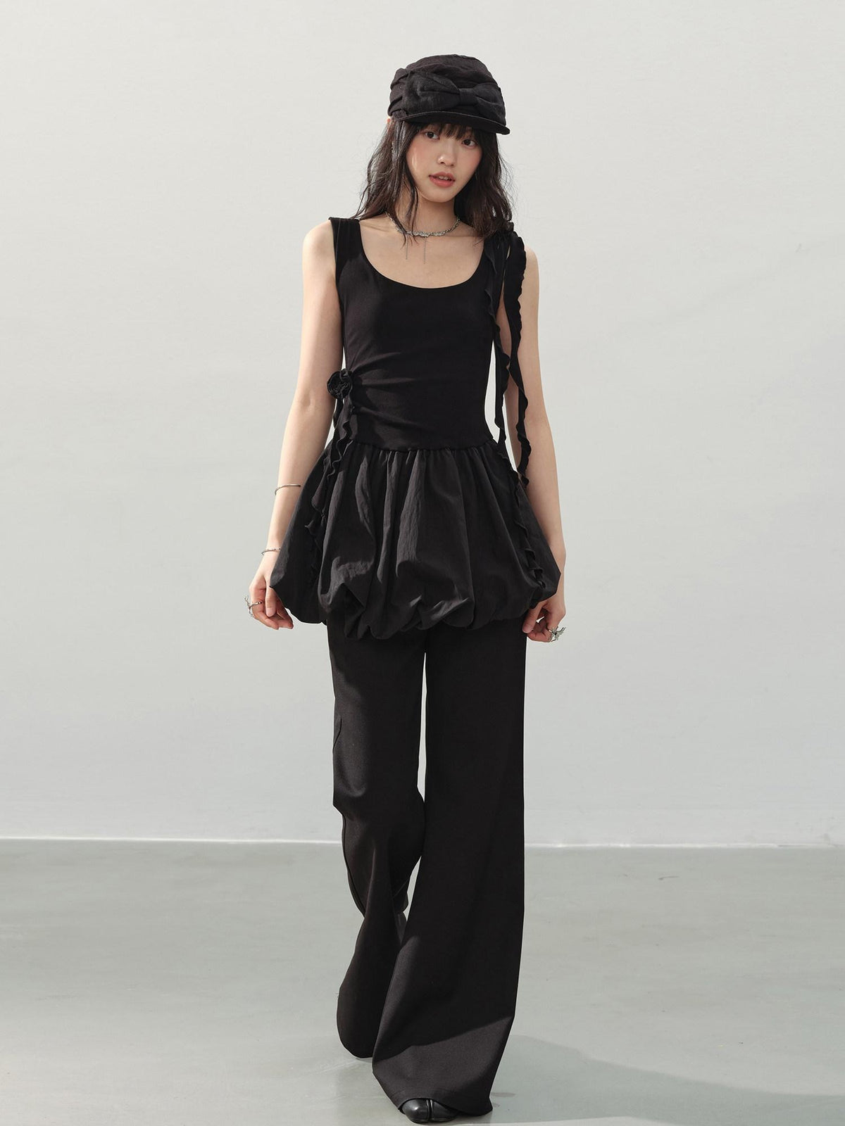 DDGIRL studio Soft Cotton Ruffle Aline Slim Cute Date Sleeveless U Neck Black Mini Dresses