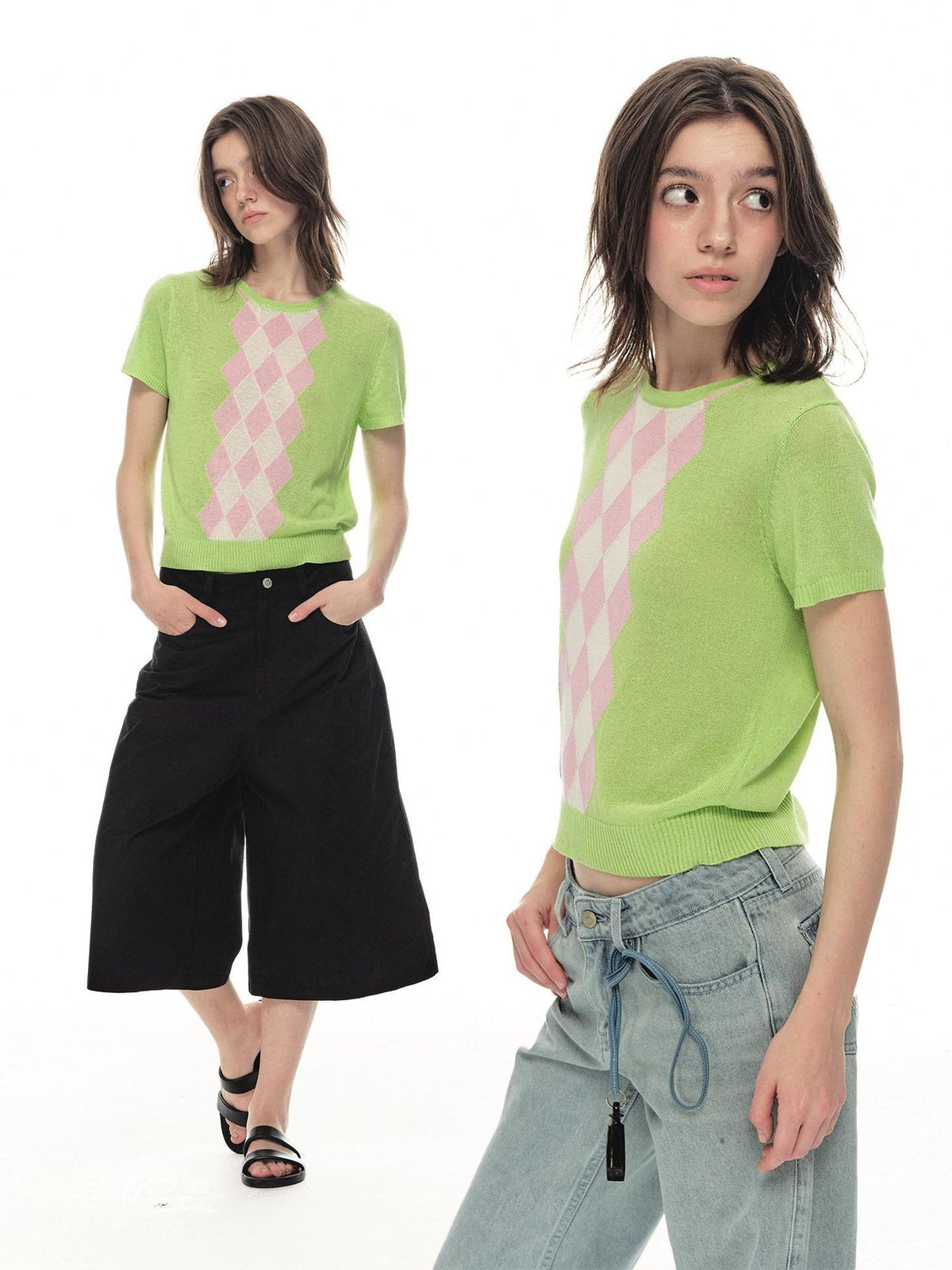 Country Moment Soft Breathable Diamond Jacquard Loose Women Short Sleeve Knit Sweaters