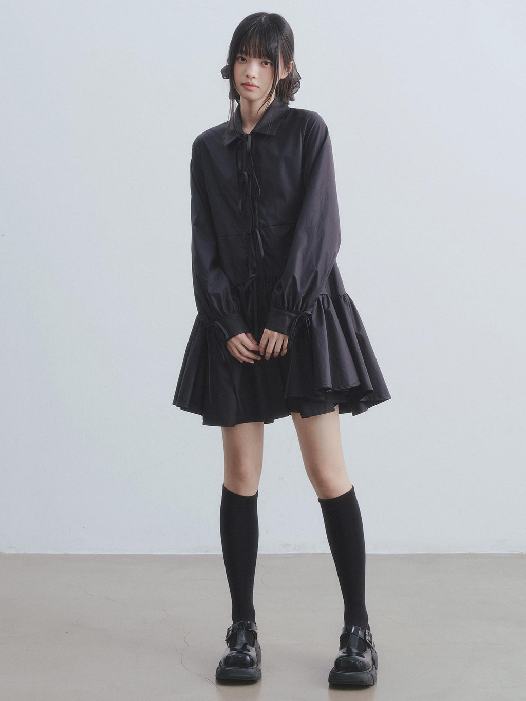 DDGIRL studio Soft High Waist Tie A Line Shirt Dress Office Black Cotton Midi Dresses