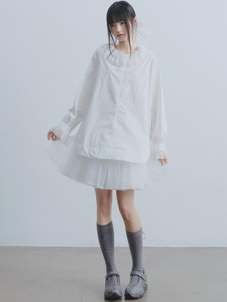 DDGIRL studio Breathable Cotton Lace Doll Collar Petal Sleeve Long Loose Commuter White Shirts