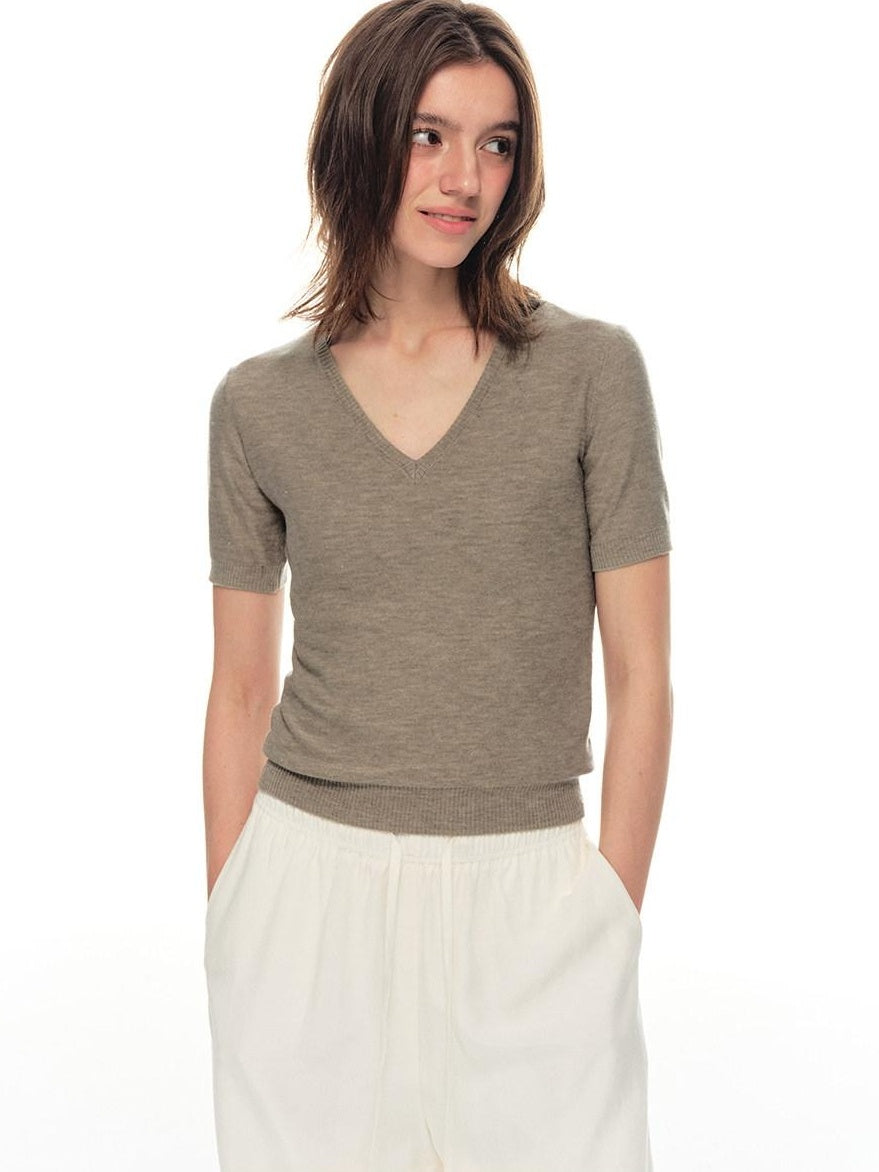 Country Moment Breathable Antipilling Silk Wool Blend Slim V-neck Short Sleeve T-Shirts