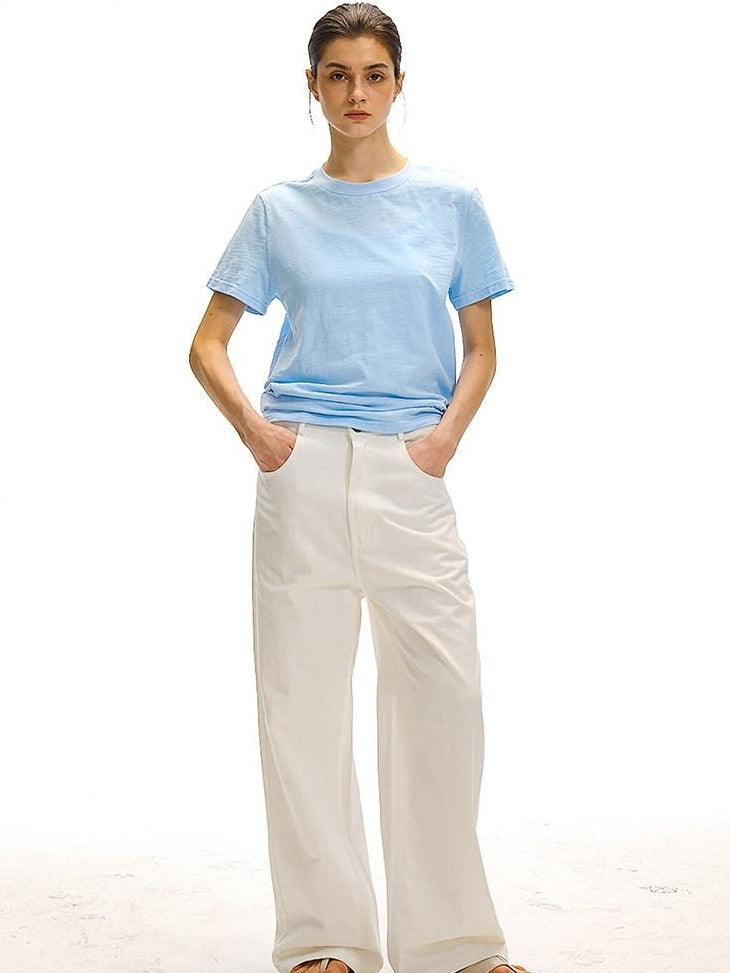 Country Moment Versatile Cotton Loose Natural Waist Zip Fly Commuter White Straight Pants
