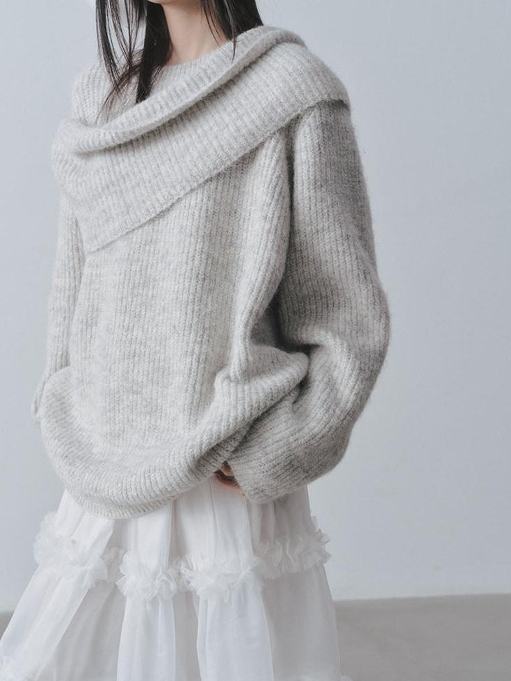 DDGIRL studio Ultra Soft Relaxed Patchwork Round Neck Women Light Gray Knit Sweaters