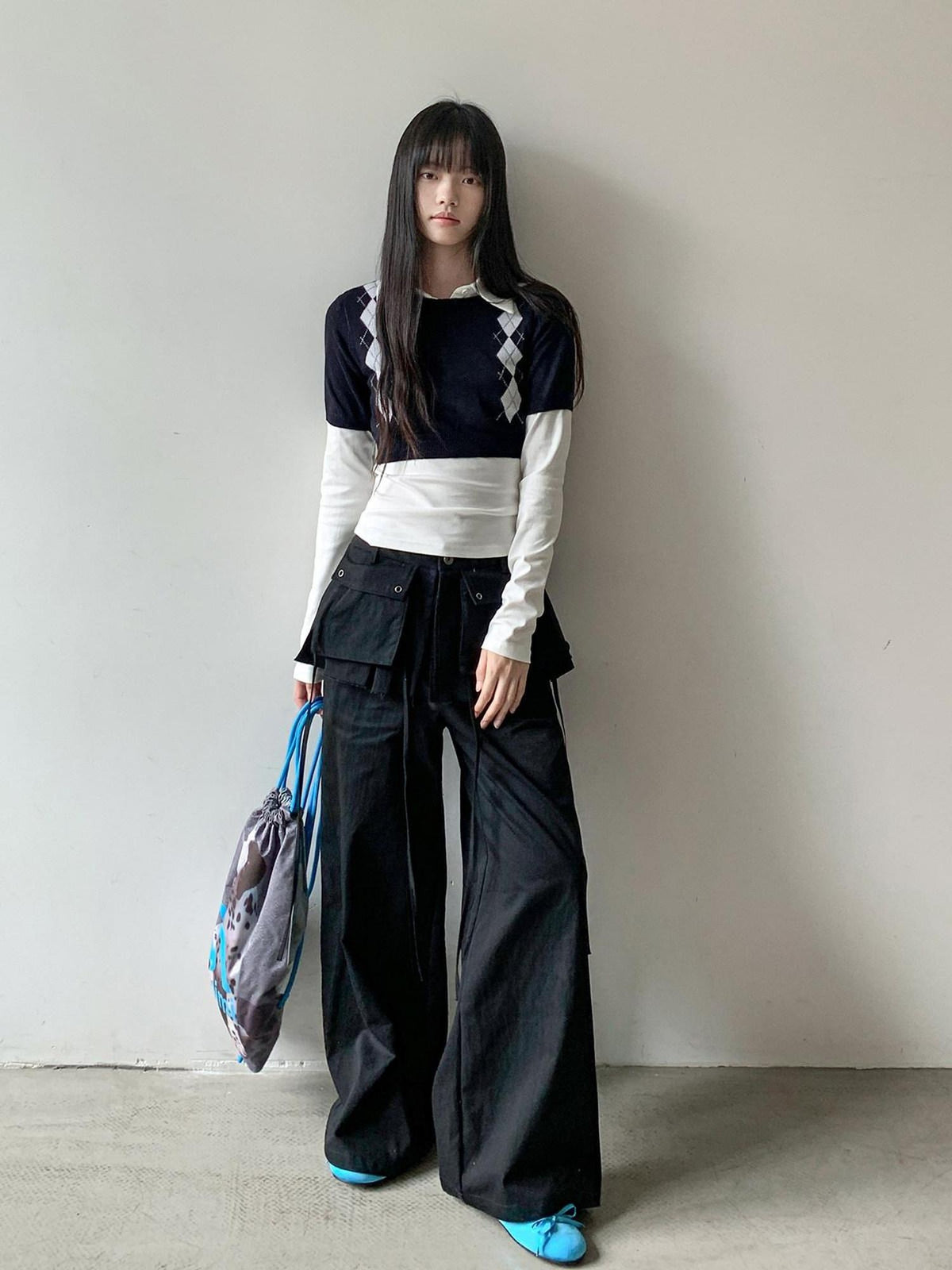DDGIRL studio High Waist Zip Fly Pockets Relaxed Straight Leg Black Cotton Nylon Cargo Pants
