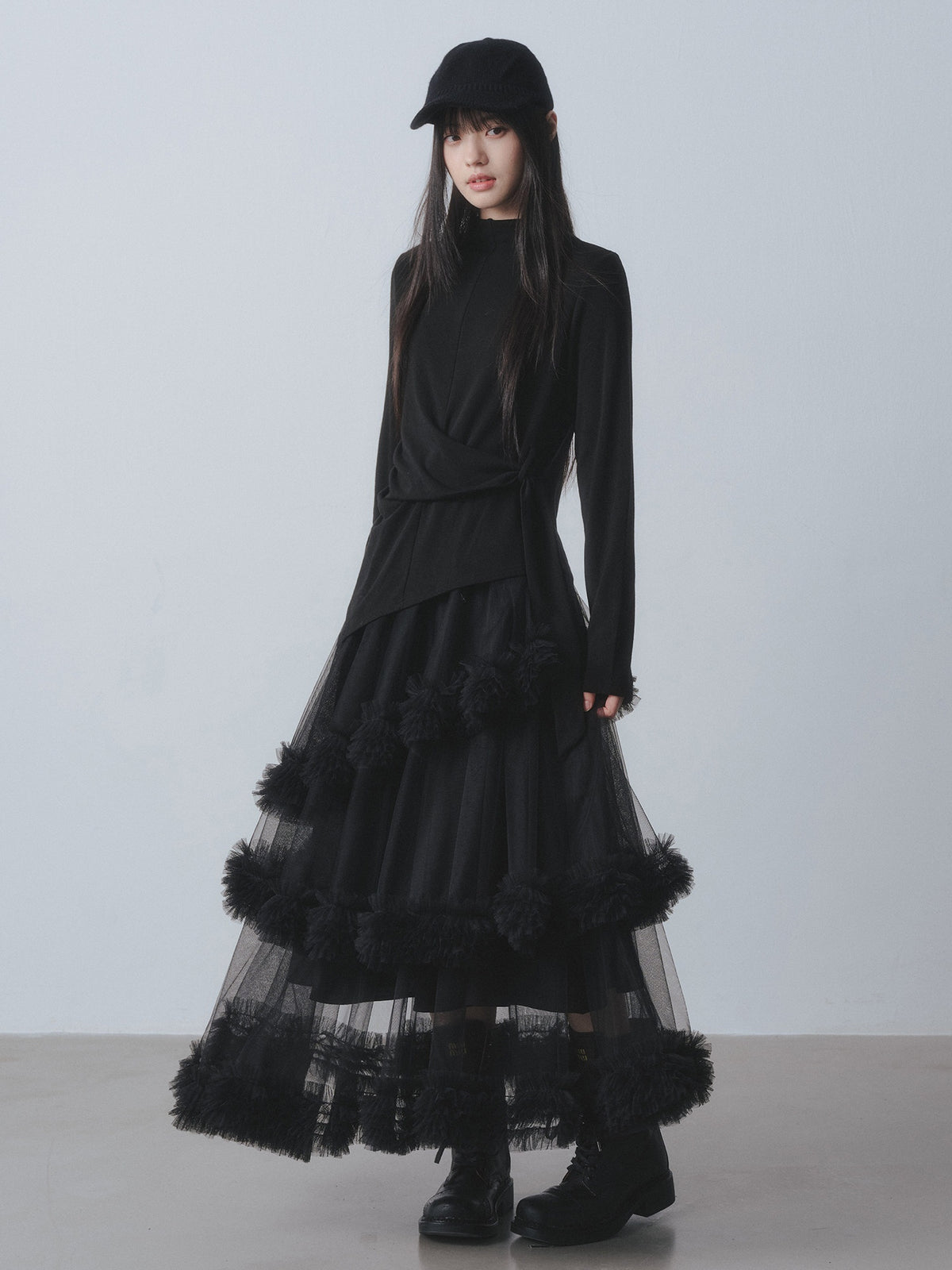 DDGIRL_studio_Skin_Friendly_Lined_Asymmetric_Ruffle_Aline_High_Waist_Black_Maxi_Skirts_MISSTT