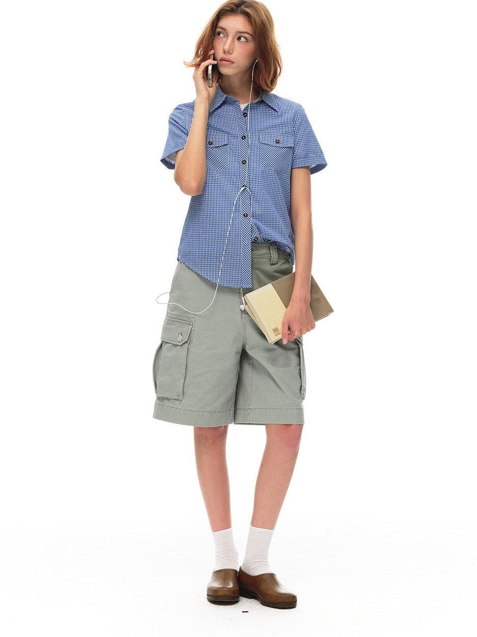 Country Moment Vintage Washed Relaxed Mid Rise Pockets Casual Pure Cotton Mid-Length Shorts
