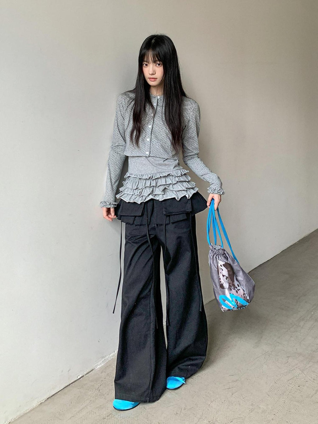DDGIRL studio High Waist Zip Fly Pockets Relaxed Straight Leg Black Cotton Nylon Cargo Pants