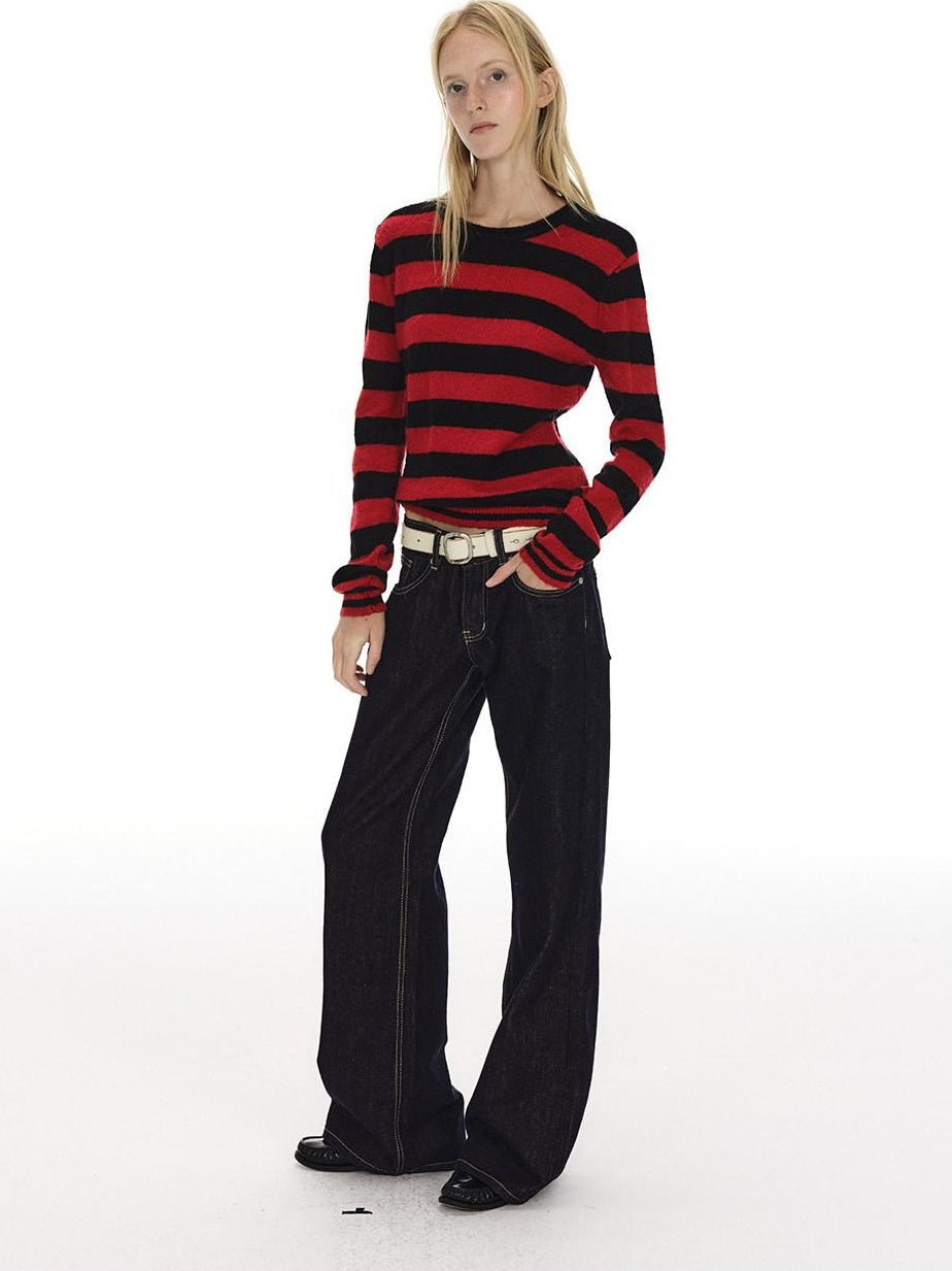 Country Moment Soft Wool Blend Vintage Striped Crewneck Regular Fit Womens Casual Knit Sweaters