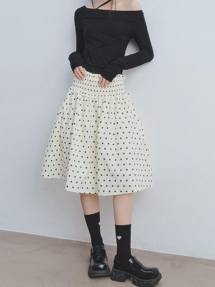 DDGIRL studio Durable Lined Pleated Aline Elastic Waist Women Cotton Beige Midi Skirts