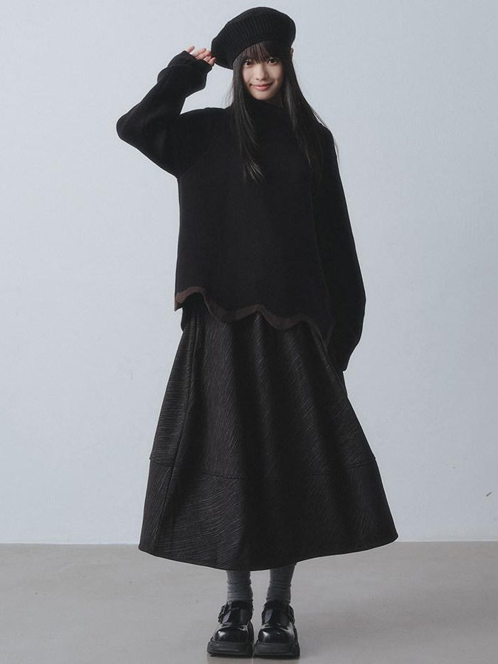 DDGIRL studio Warm Chunky Wave Pullover Oversized Commuter Mock Neck Women Black Sweaters