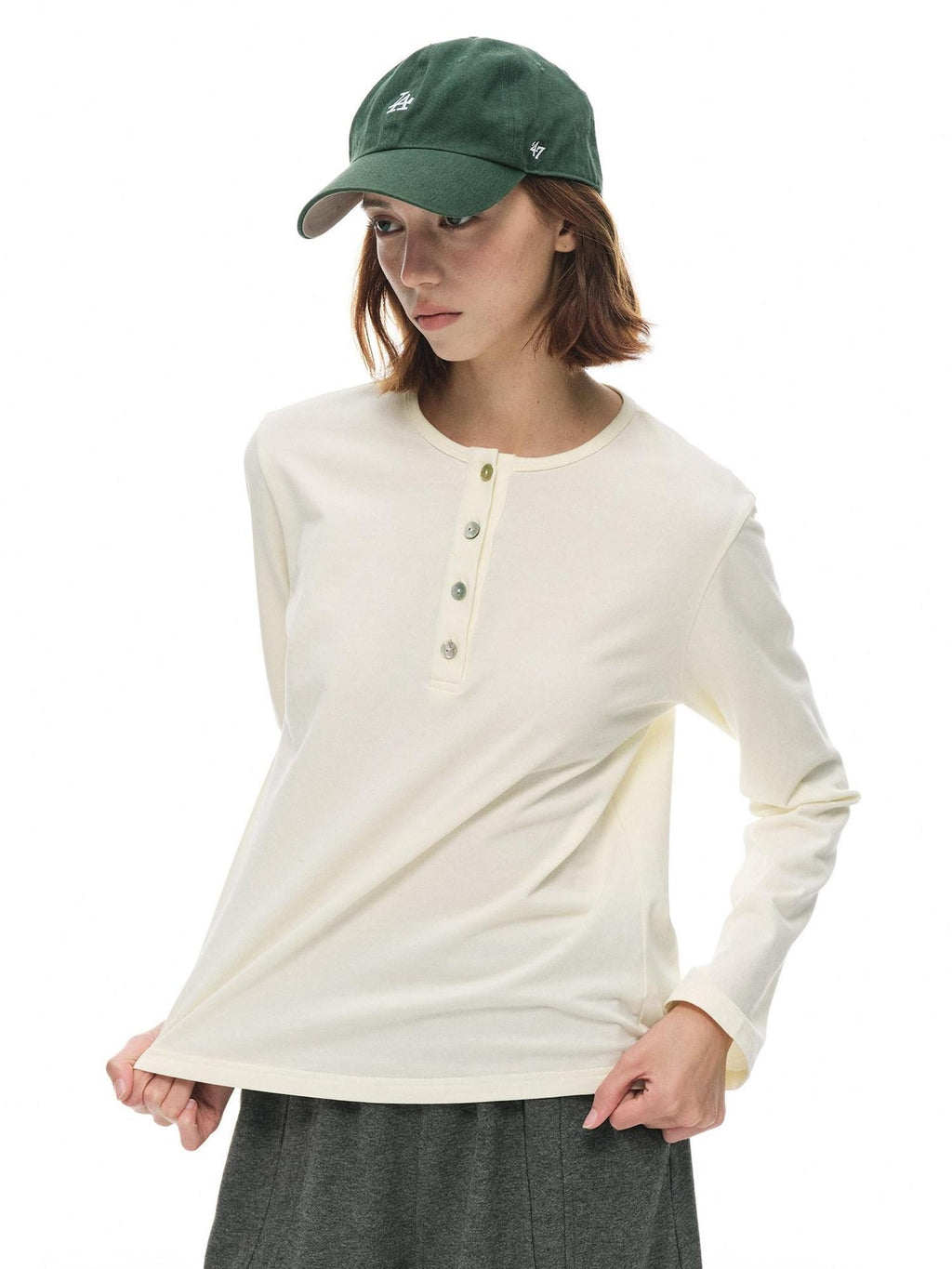 Country Moment Pure Cotton Breathable Henley Button Placket Women Citywalk Long Sleeve T-Shirts