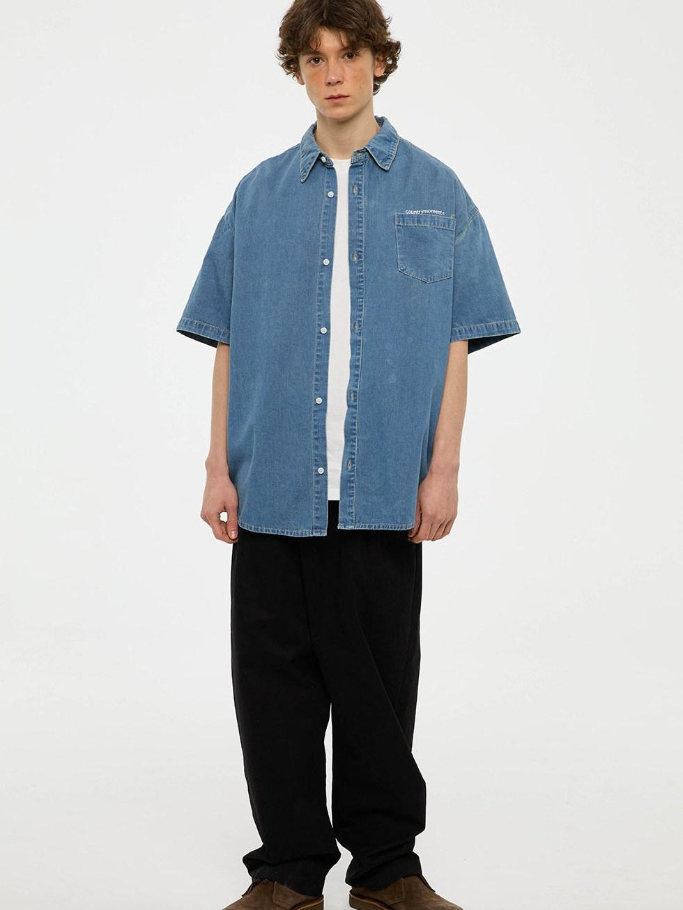 Country Moment 100% Cotton Square Neck Loose Short Sleeve Japanese Vintage Teen Blue Shirts