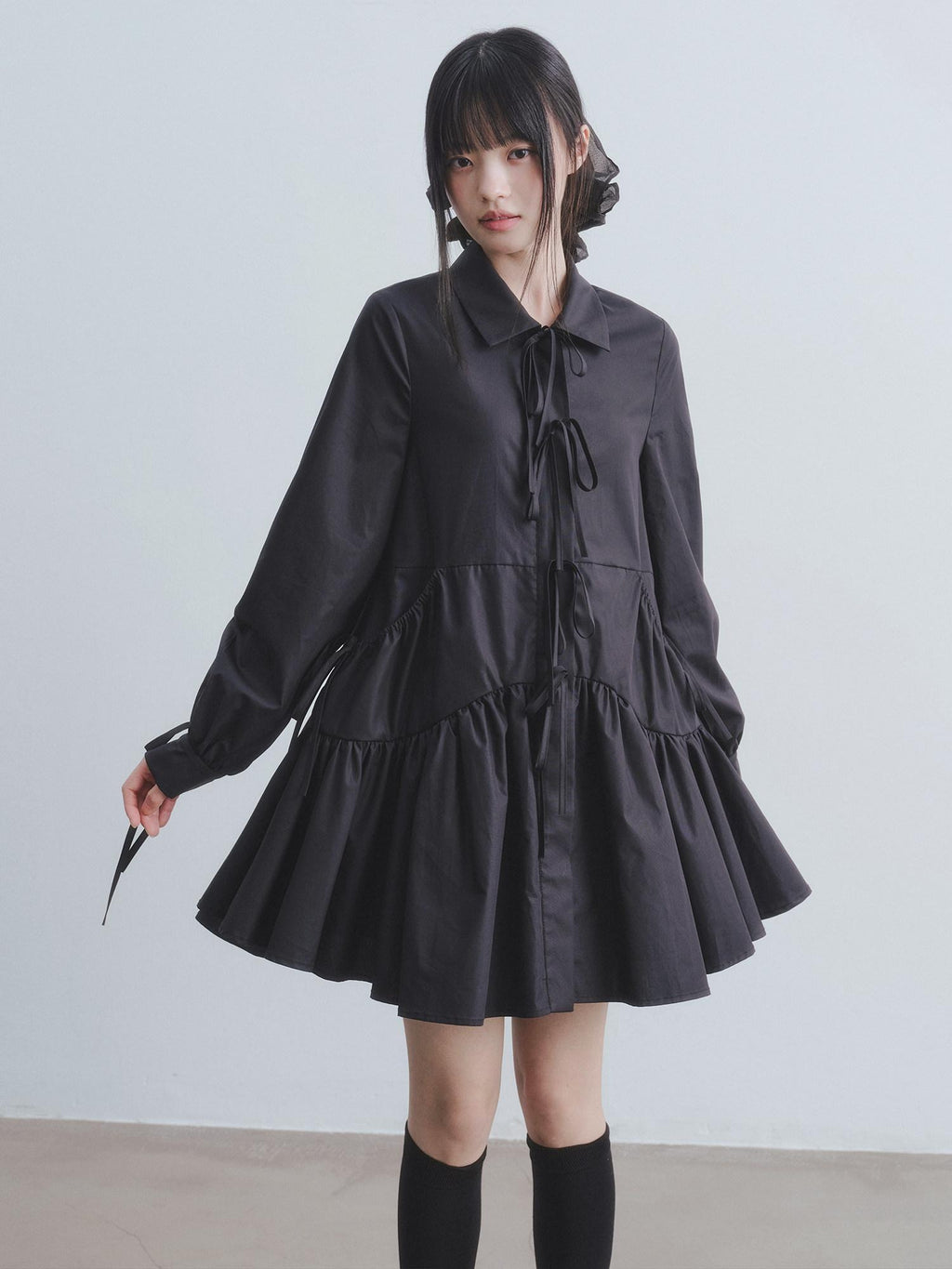 DDGIRL studio Soft High Waist Tie A Line Shirt Dress Office Black Cotton Midi Dresses