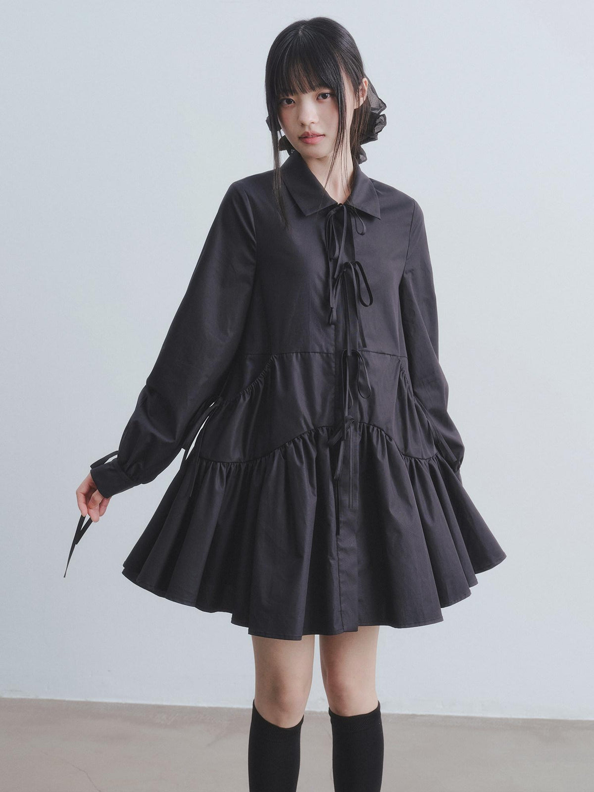 DDGIRL studio Soft High Waist Tie A Line Shirt Dress Office Black Cotton Midi Dresses