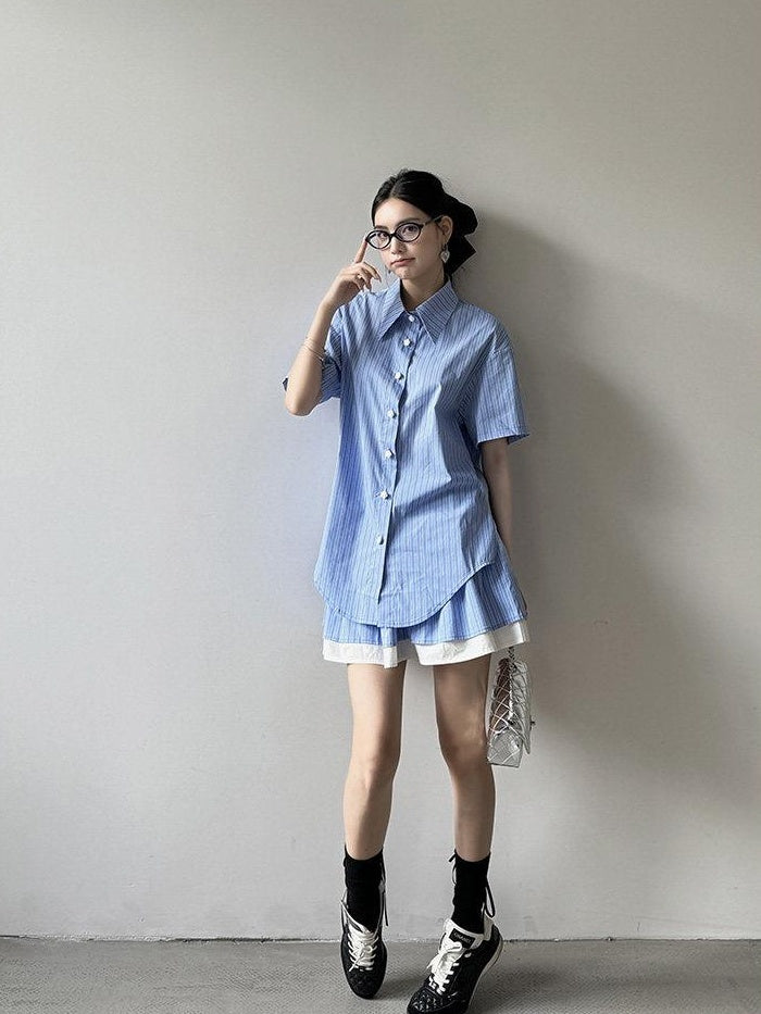 DDGIRL studio Breathable Relaxed Polo Short Sleeve Women Striped Blue Top & Skirt Sets