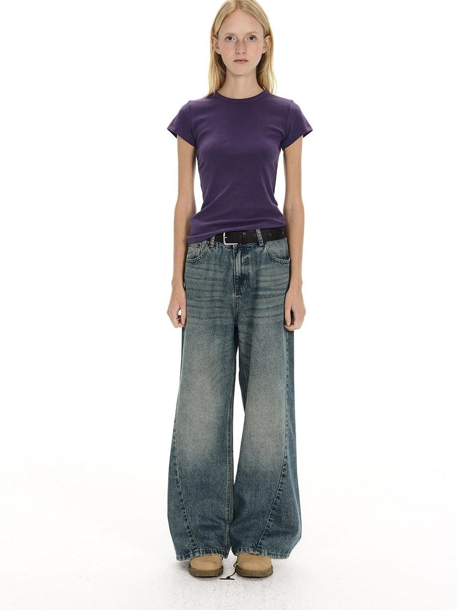 Country Moment Breathable Washed Blue Gradient Vintage Mid Rise Button Fly Wide Leg Jeans