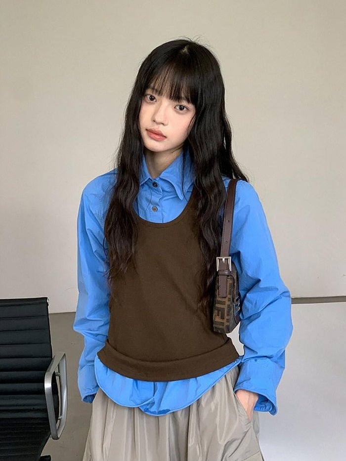 DDGIRL studio Moisture Wicking Pure Cotton Relaxed Polo Collar Button Women Blue Blouses