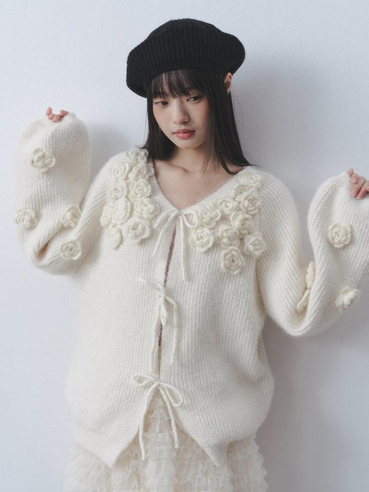 DDGIRL studio Soft Loose V-neck Tie Front Lantern Sleeve 3D Floral Commuter Knit Cardigans