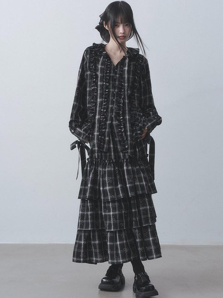 DDGIRL studio Wrinkle Free Black Plaid Collared Bow High Waist Loose Women Office Top & Skirt Sets