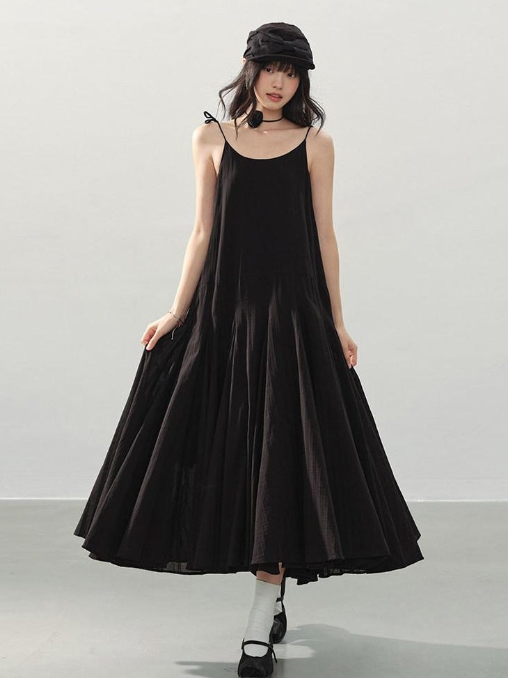 DDGIRL studio Soft Washed Cotton Pleated Elegant A Line U Neck Sleeveless Black Midi Dresses