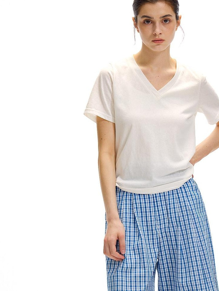 Country Moment Moisture Wicking Street Straight V-neck Cotton Blend White Short Sleeve T-Shirts