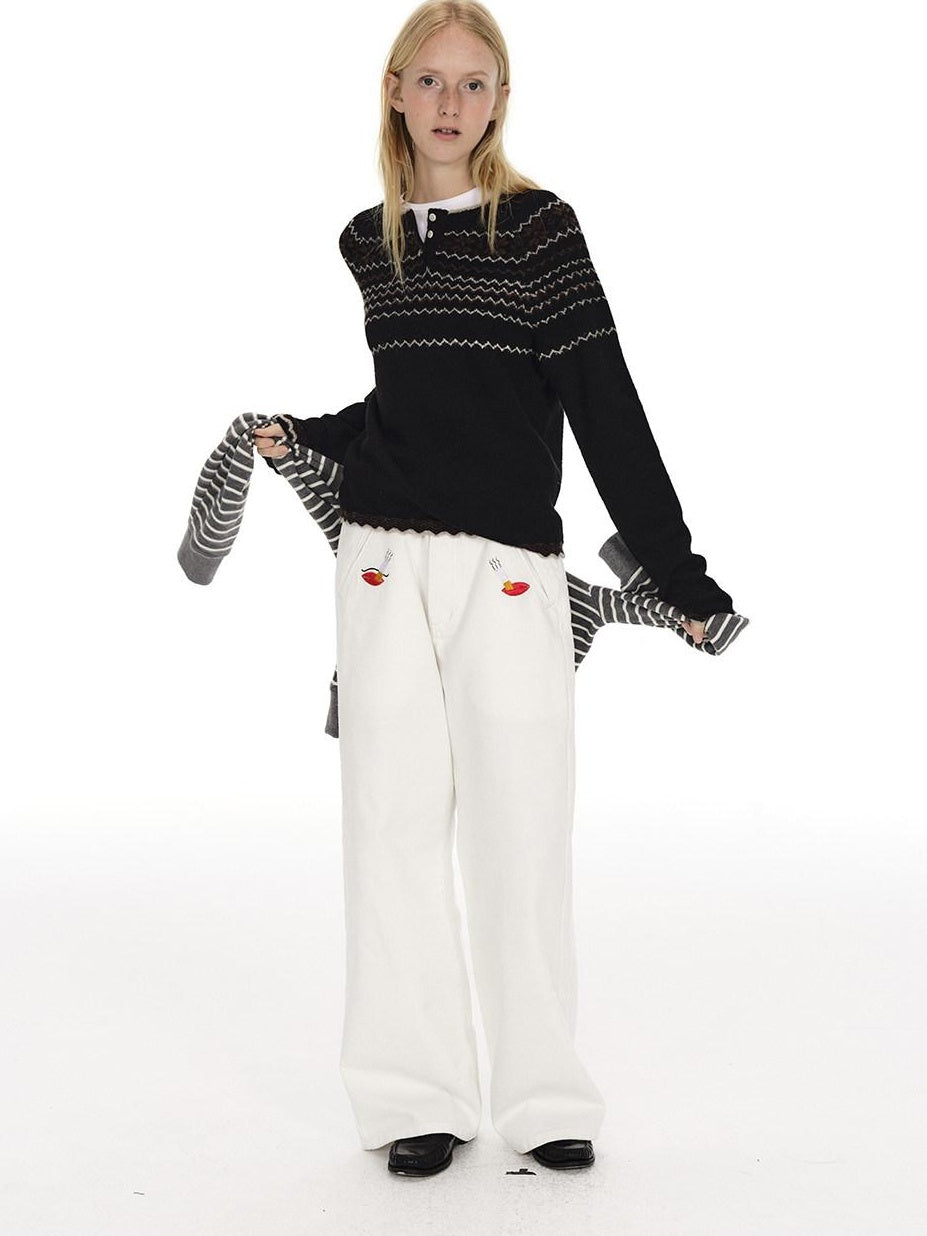 Country Moment Jacquard Henley Button Pullover Slim Fit Youth Wool Blend Striped Sweaters