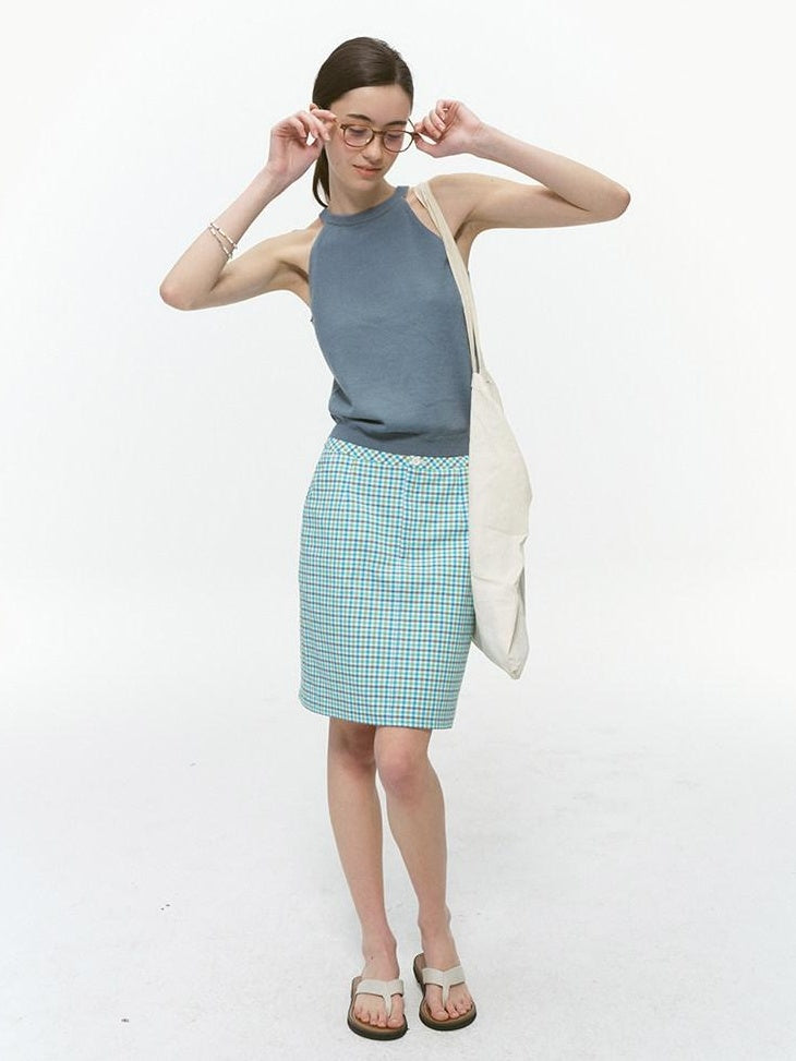 Country Moment Original Design Halter Slim Fit Lake Blue Wool Blend Solid Knit Camisoles