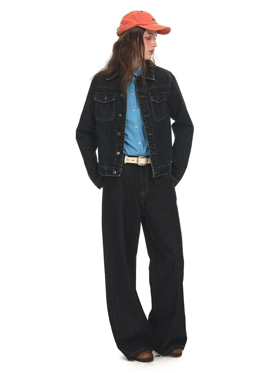 Country Moment Warm Cotton Mid Rise Loose Retro Button Fly Black Casual Commuter Wide Leg Jeans