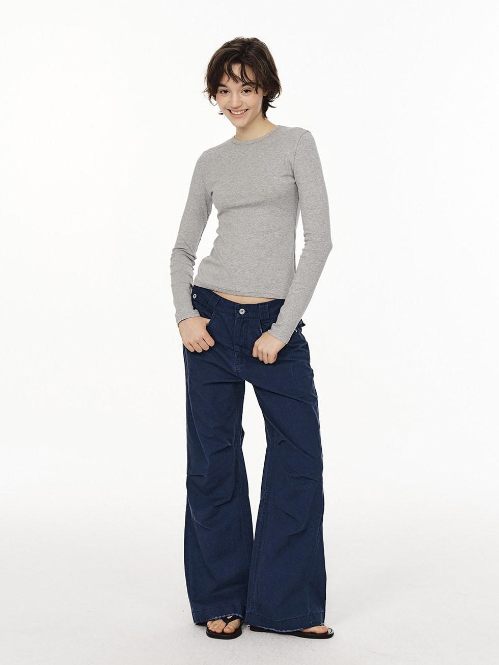 Country Moment Pure Cotton Wide Leg Button Fly Loose Casual Black Gray Navy Straight Pants